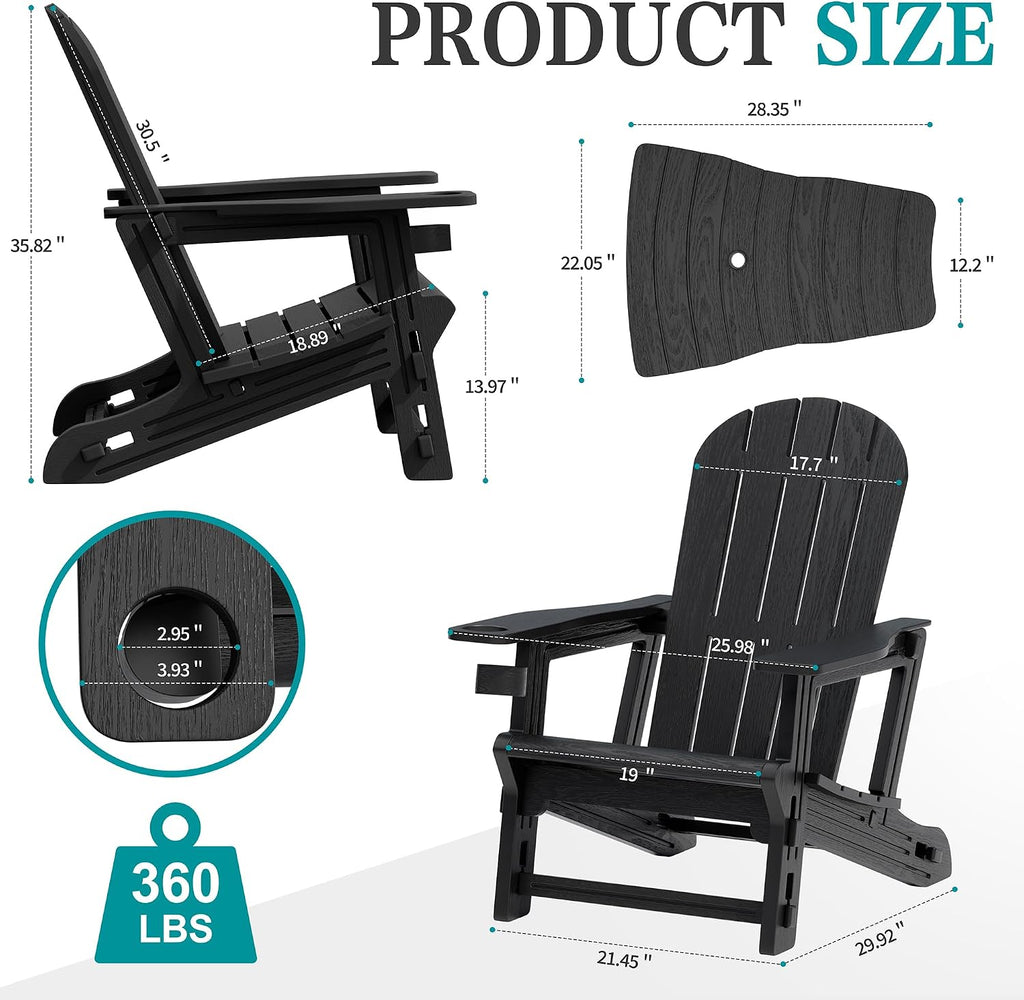 Outdoor Adirondack Chair Set of 2, All-Weather HDPE Patio Furniture with Detachable Table, Wood Texture & Cup
