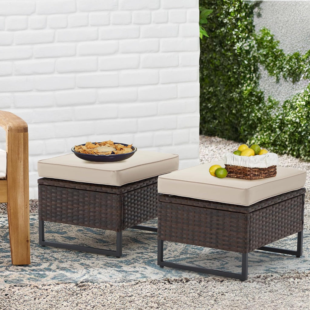 Outdoor Wide Wicker Ottomans Set of 2, All-Weather Rattan Ottoman Seat for Garden, Backyard and Balcony, Patio