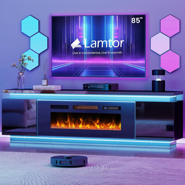 Fireplace TV-Stand with 40" Fireplace - 2 LED Light TV-Stand for 85 inch TVs - Entertainment Center with 4 AC Power
