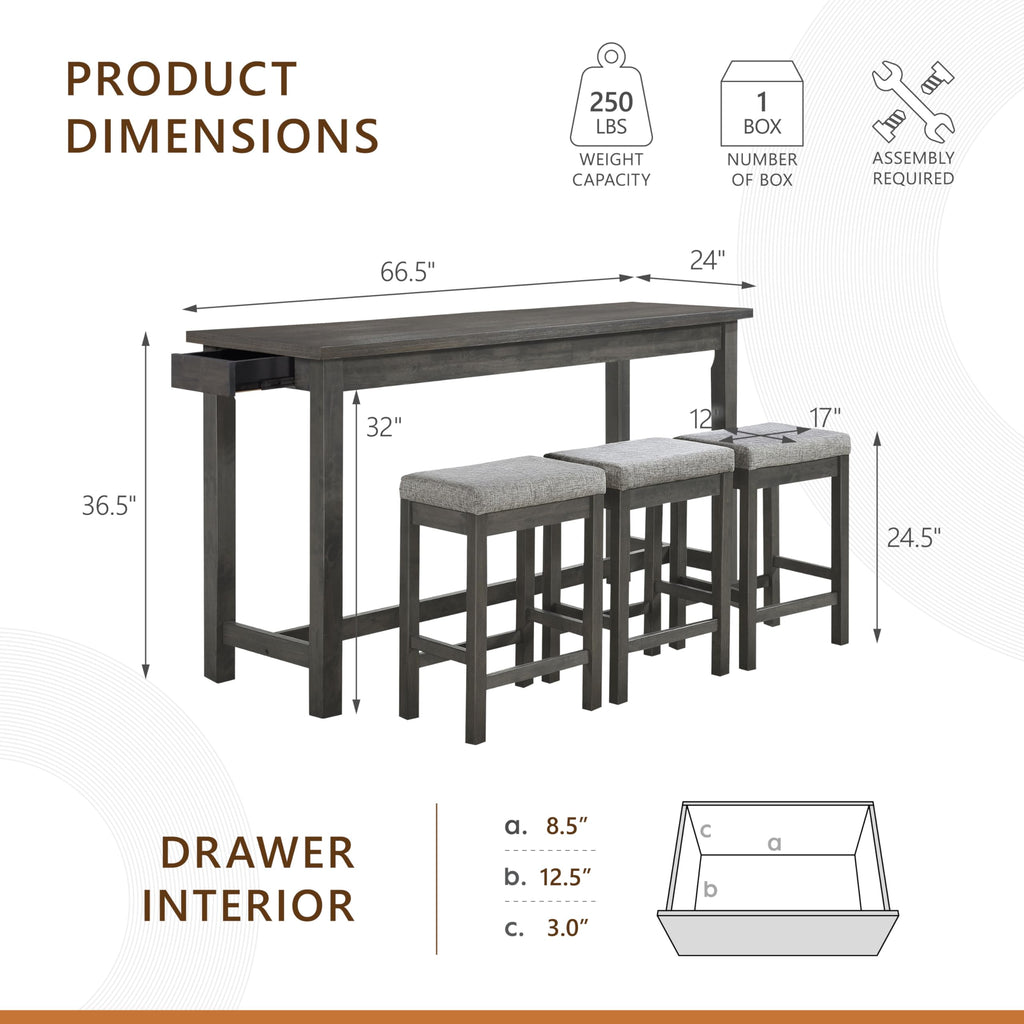 4-Piece Counter Height Table & Stool Set with USB Ports, Gray
