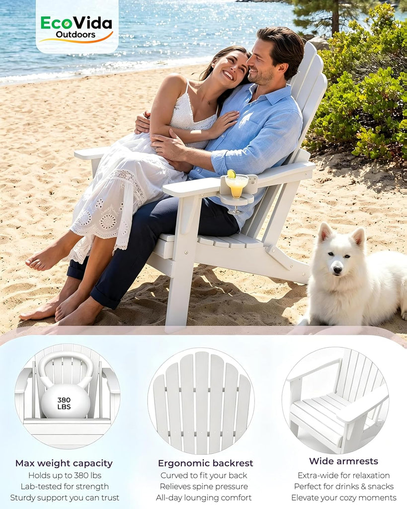 Fold Adirondack Chairs Set of 4, Double Cup Holders, White | HDPE Patio Chair, All Weather Fire Pit Chairs, 380lbs