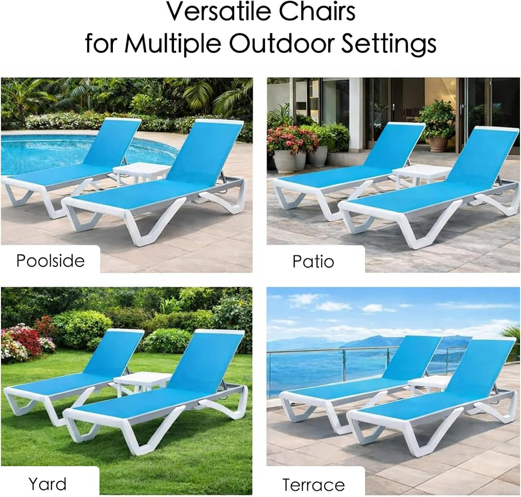 3-Piece Outdoor Chaise Lounge Set Fully Flat Adjustable Lounger | Aluminum Frame, Resin Legs, Textilene Fabric