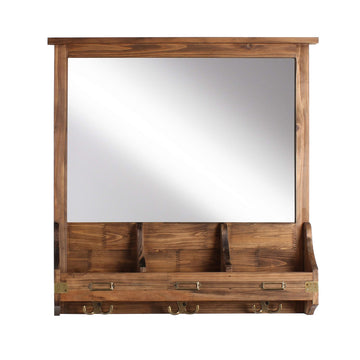 Stallard Decorative Rustic Wood Home Organizer with Mirror, Pockets, and Key Hooks, Rustic Brown