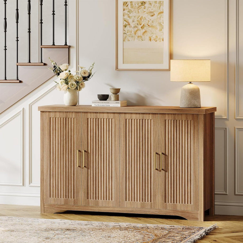 Fluted Buffet Cabinet with Storage Accent Sideboard,Modern Credenza with 4 Doors & Adjustable Shelves,Wood Coffee Bar