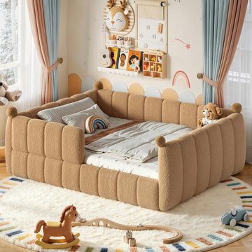 Queen Size Teddy Fleece Upholstered Montessori Floor Bed with Fence,Low Profile Kids Bed Frame with Full Padded