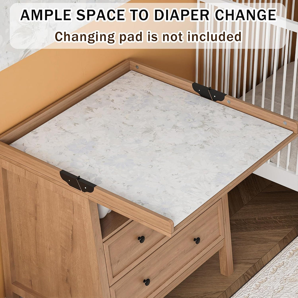 Changing Table Dresser with Foldable Tabletop, Baby Dresser with 2 Wide Drawers & Open Storage Space, Modern Diaper