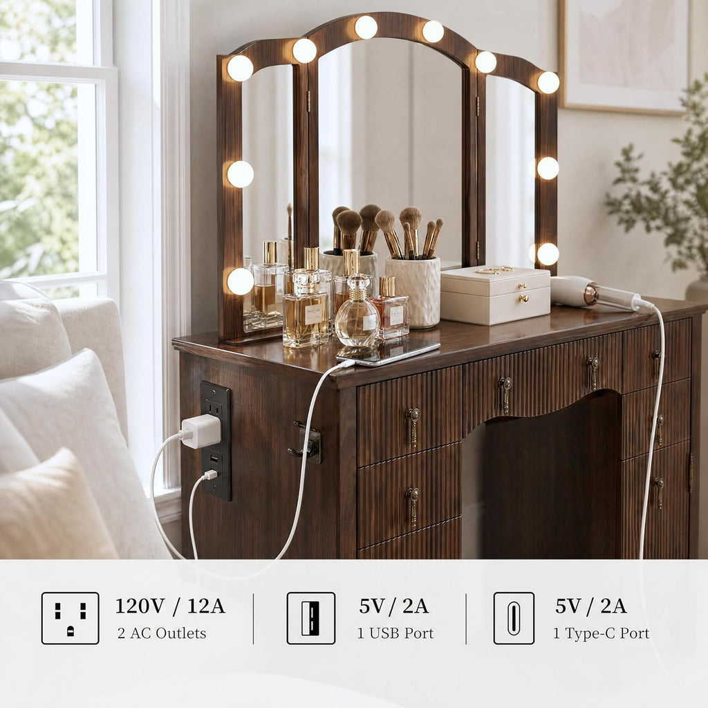 Vanity Desk with Mirror and Lights, Tri-Fold Fluted Makeup Vanity,Walnut | Power Outlet, Glass Top &,Wooden, Dressing