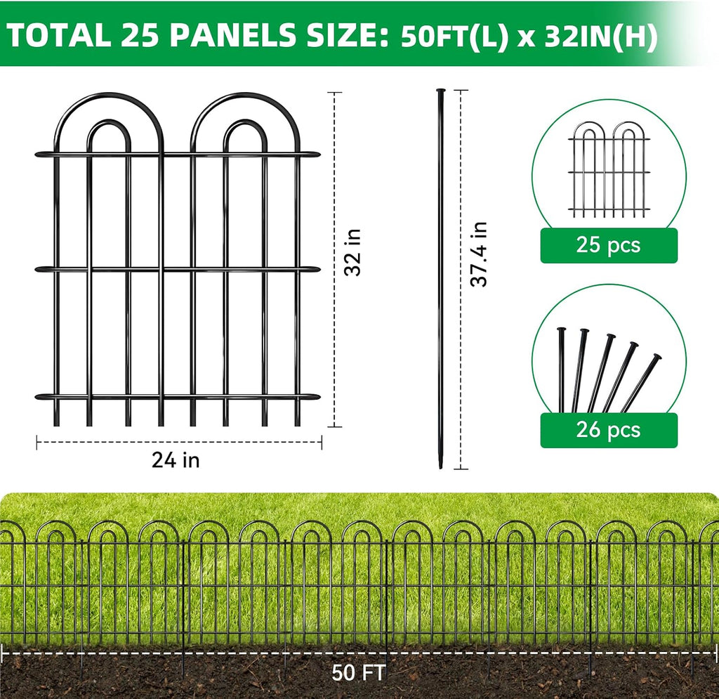 25 Panels Decorative Garden Fence, 32 in(H) X 50 ft(L) No Dig Dog Fence Outdoor for Yard, Rustproof Tall Metal Garden