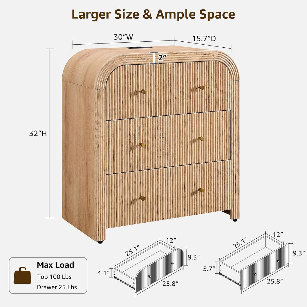 Fluted Nightstand with Charging Station, 32" Large 3 Drawers Bedside Table, Modern End Table with Storage Night Stand