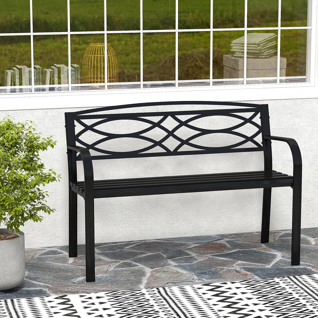 Outdoor Metal Garden Park Bench, Heavy-Duty Metal Slatted Loveseat for 2 People with Curved Armrests & Backrest