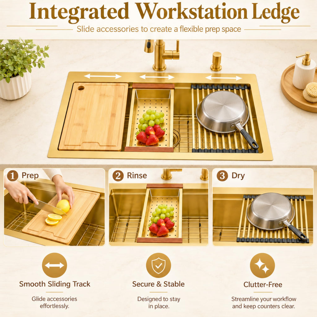 Drop In Gold Kitchen Sink 33"X22", Single Bowl Modern Kitchen Sink