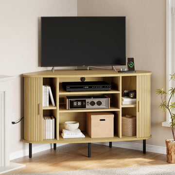 47" Corner TV Stand, Fluted TV Cabinet for 55 Inch TVs, Oak