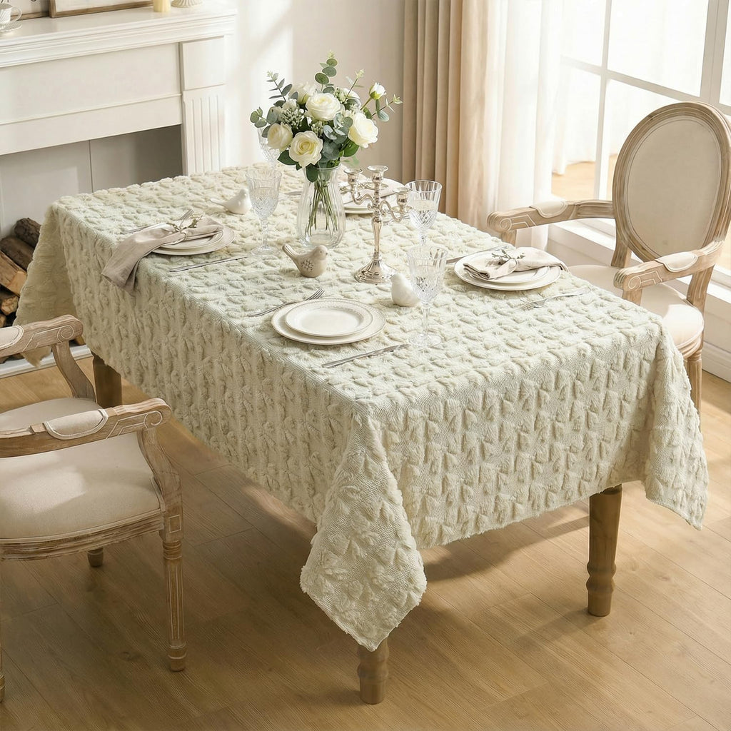 Bow Tablecloth 60×84 Inch Rectangular, Beige Soft Plush Faux Fur Jacquard Bow Table Cover, Seasonal 