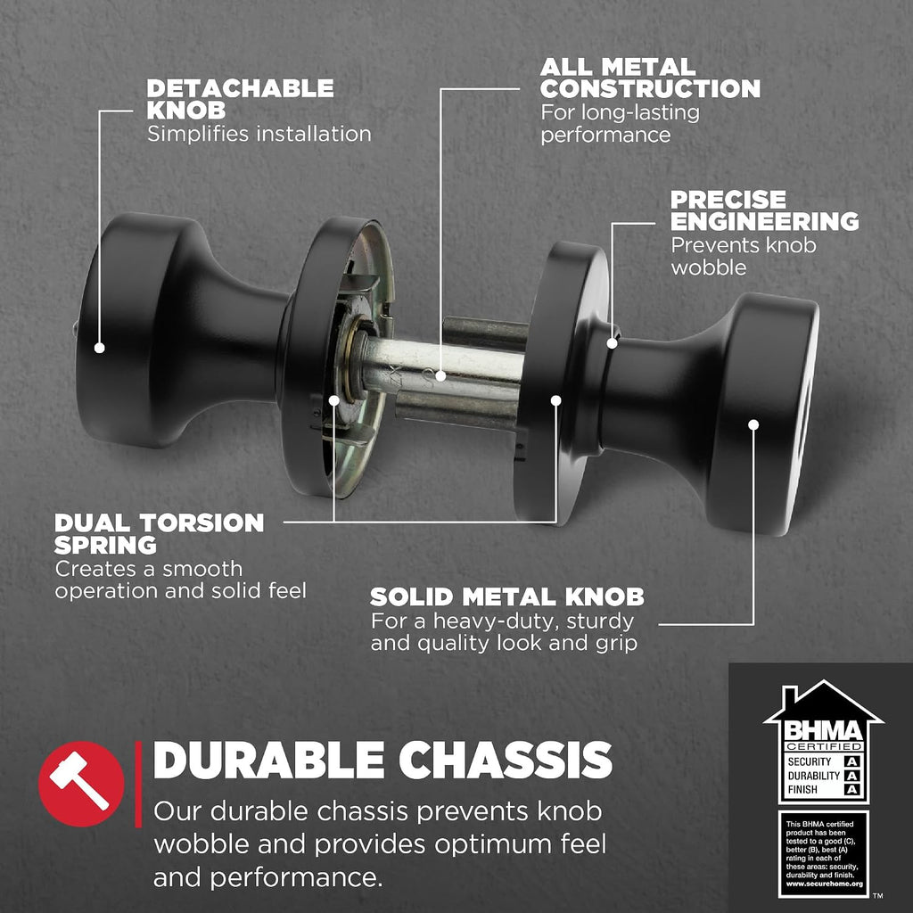 Pismo Entry Door Knob with Lock and Key, Secure Keyed Handle Exterior, Front Entrance and Bedroom, Matte Black