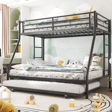 Bunk Bed Twin Over Full with Trundle, Heavy-Duty Twin&Full Frame with Full-Length Guardrail and Two Ladders