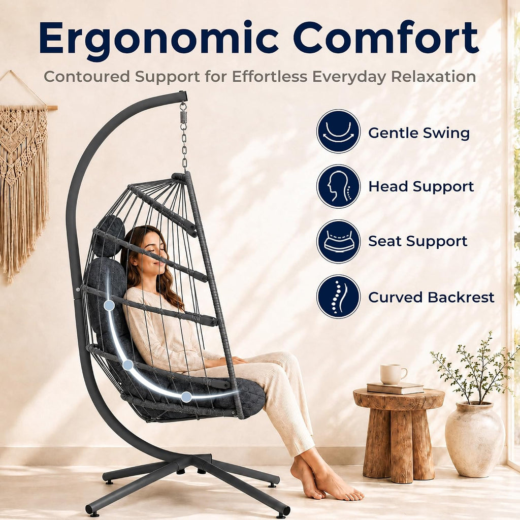 Egg Chair Outdoor with Stand, Indoor Wicker Hanging Egg Swing Chair with Cushion, 370lbs Capacity , Garden - Dark Grey
