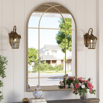 Arched Gold Antique Window Mirror, 24" x 40" Champagne Bronze Mirrors with Beaded Metal Frame, Vintage Gold Arch