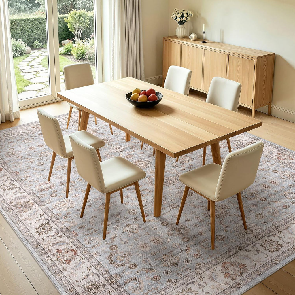 Washable Area Rug 10x14 Non-Slip Floral Carpet, Gray/Light Blue