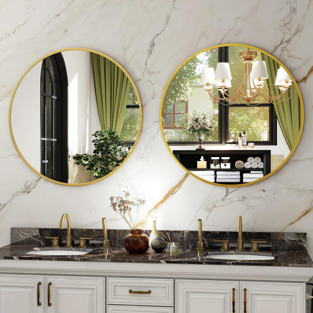 Round Mirror 30 Gold Wall Mounted Circle Mirrors Vanity Mirror with Brushed Aluminum Alloy Frame Modern Decoration