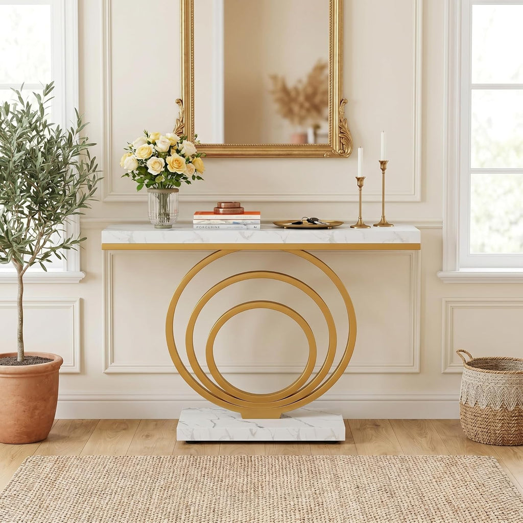 41-Inch Gold Entryway Table, Modern Console Table Narrow Long, Contemporary Accent Table , Entrance, Faux Marble