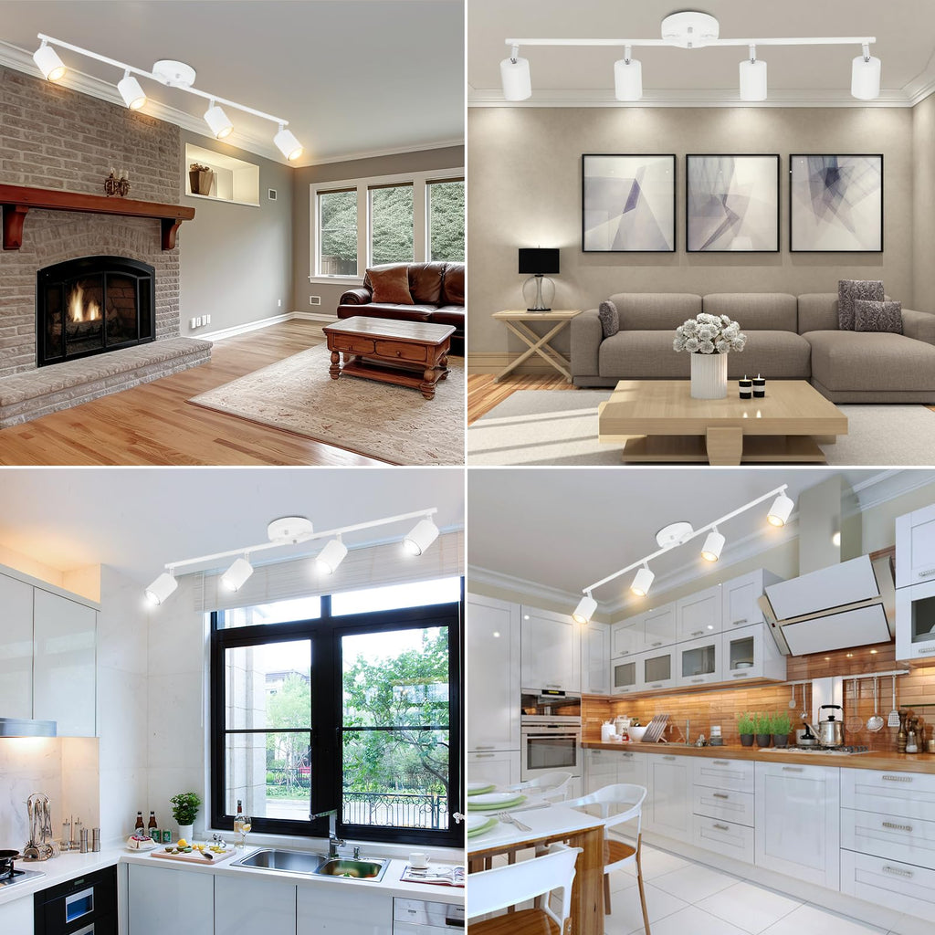 LED 4 Light Track Lighting Kit, White 4 Way Ceiling Spot Lighting, Flexibly Rotatable Light Head, Bulb Not Included
