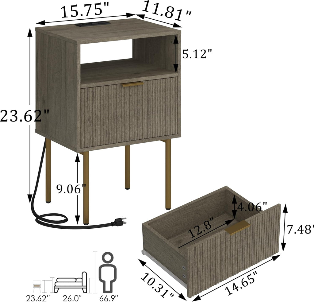 Modern Nightstand with Charging Station and LED Lights, White Bedside Table with Drawer, Fluted Side Table