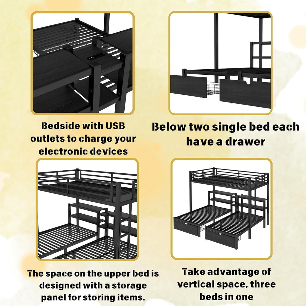 Full XL Over Twin Over Twin Triple Bunk Beds with Storage Drawers, Shelves