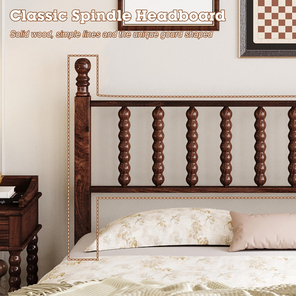 Walnut Spindle Bed Frame Queen Size with Wooden Headboard