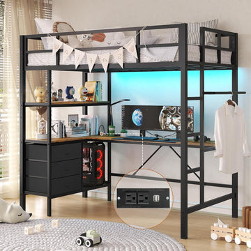 Twin Loft Bed with L-Shaped Desk, LED Lights,Charging Station LED Metal Kids Loft Bed Twin with 3 Storage Shelves and