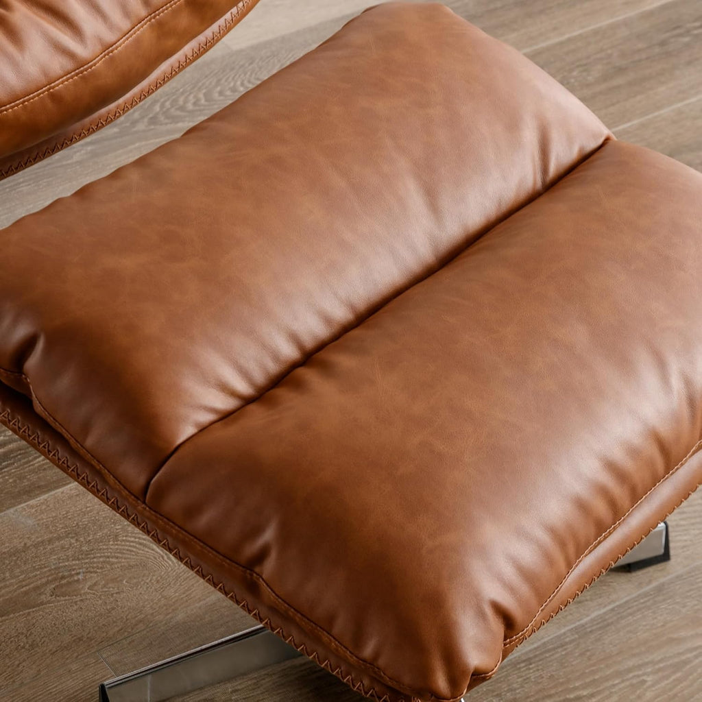Swivel Accent Chair with Ottoman, Mid Century Modern Faux Leather Lounge Chair with footrest, Comfy Oversized