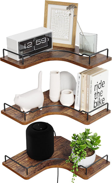 L-Shaped Corner Floating Shelves Set of 3,Rustic Wood Wall Mounted Storage Shelves,Display Shelf (Brown)