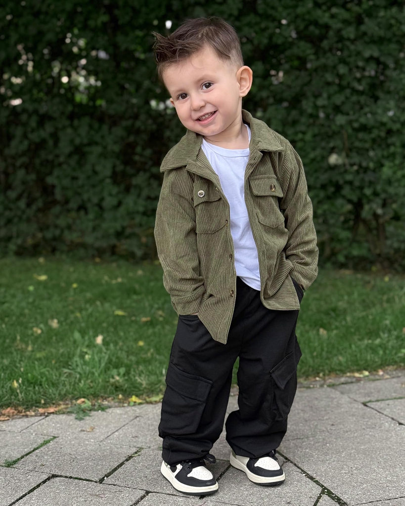 Toddler Boy Fall Clothes Corduroy Long Sleeve Button Down Lapel Collared Shacket Jacket White T-shirt Cargo Pants