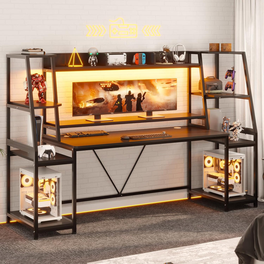 79'' Gaming Desk with LED Lights, Hutch and Storage Shelves, Black