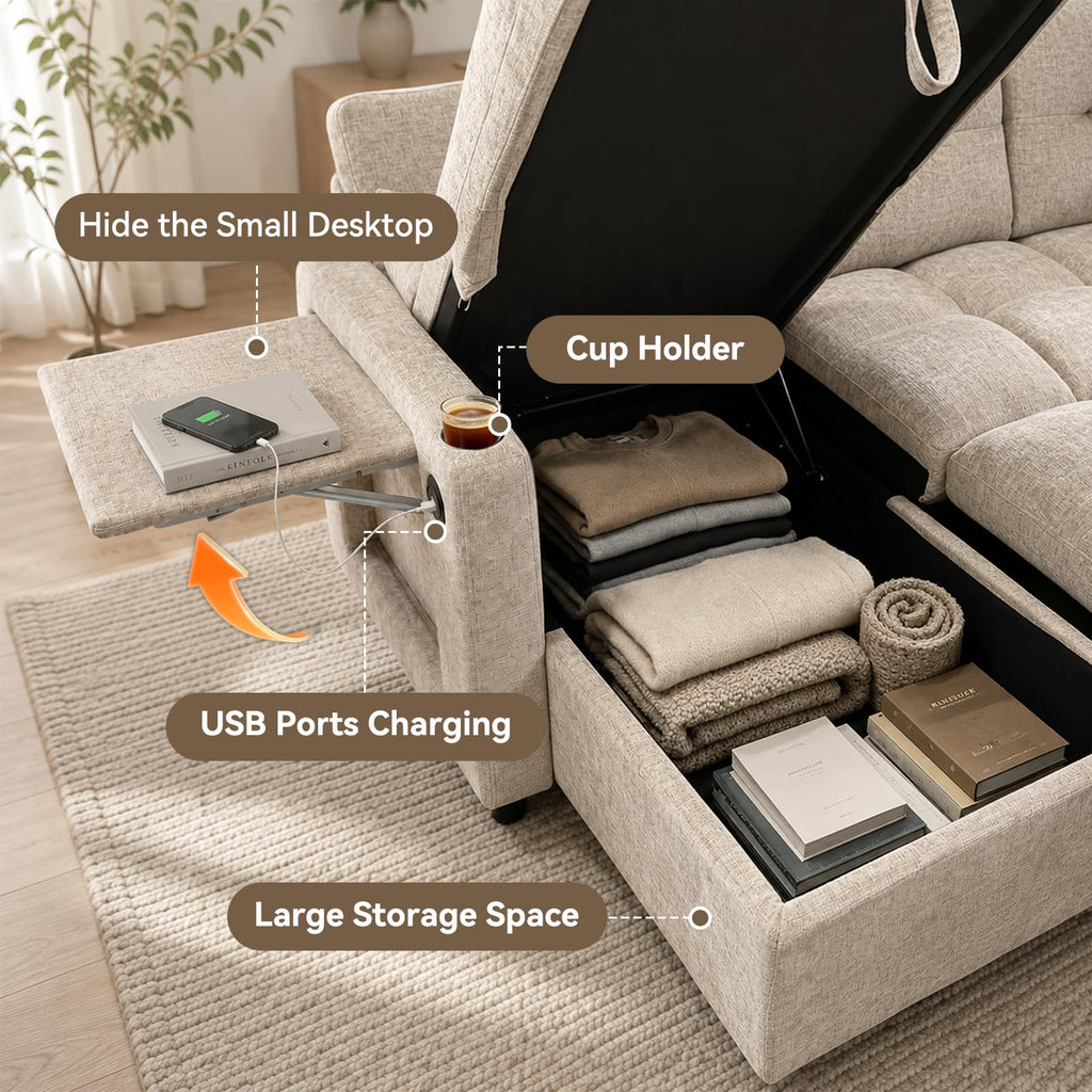 82" Sleeper Sectional Sofa, Comfy Convertible Sofa Bed with Pull Out Couches, Chenille L Shaped Couch with Reversible