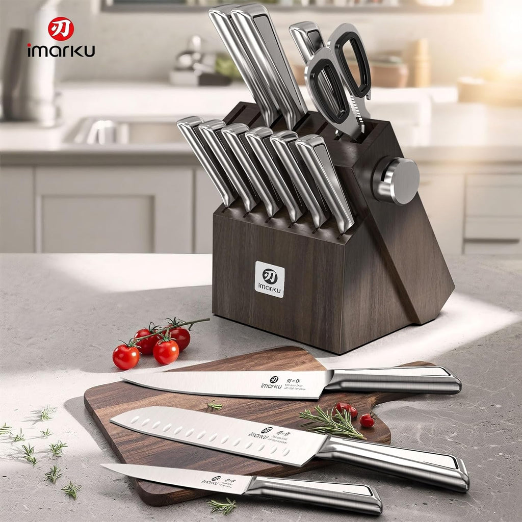 Knife Sets with Block G14 Japanese Knife Set Stainless Steel Kitchen 14pcs, Built-in Sharpener, Sharp Knives with