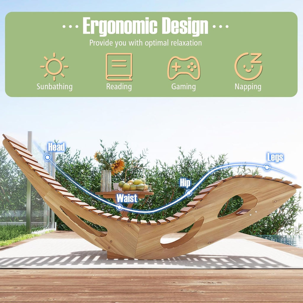 Outdoor Chaise Lounge Chair Set of 2, Acacia Wood Rocking Sun Lounger with Slatted Backrest and Seat, Wooden Rocker