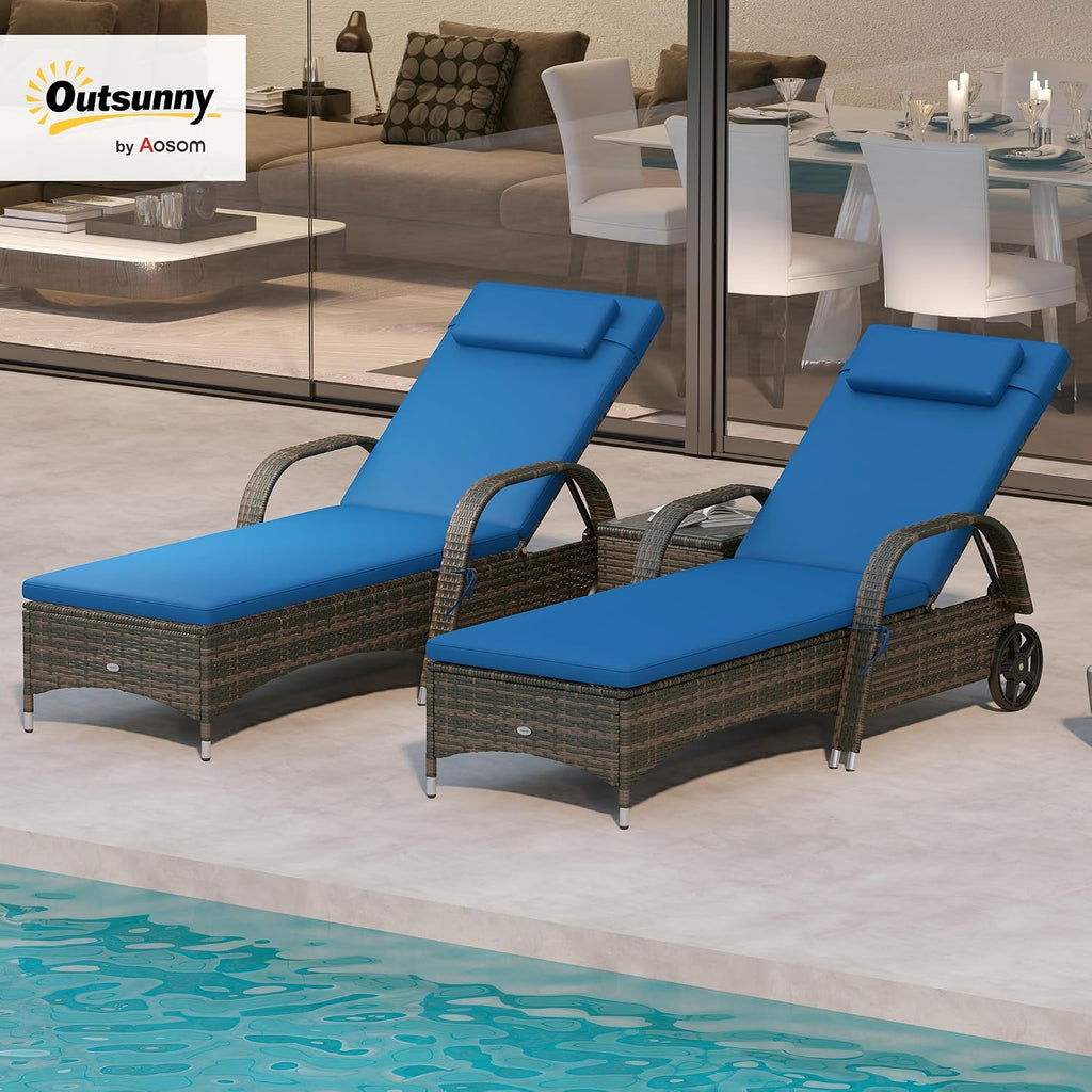 Wicker Outdoor Chaise Lounge Chair Set of 3 Blue | Side Table, 5-Level Adjustable Backrest, PE Rattan Pool Lounge