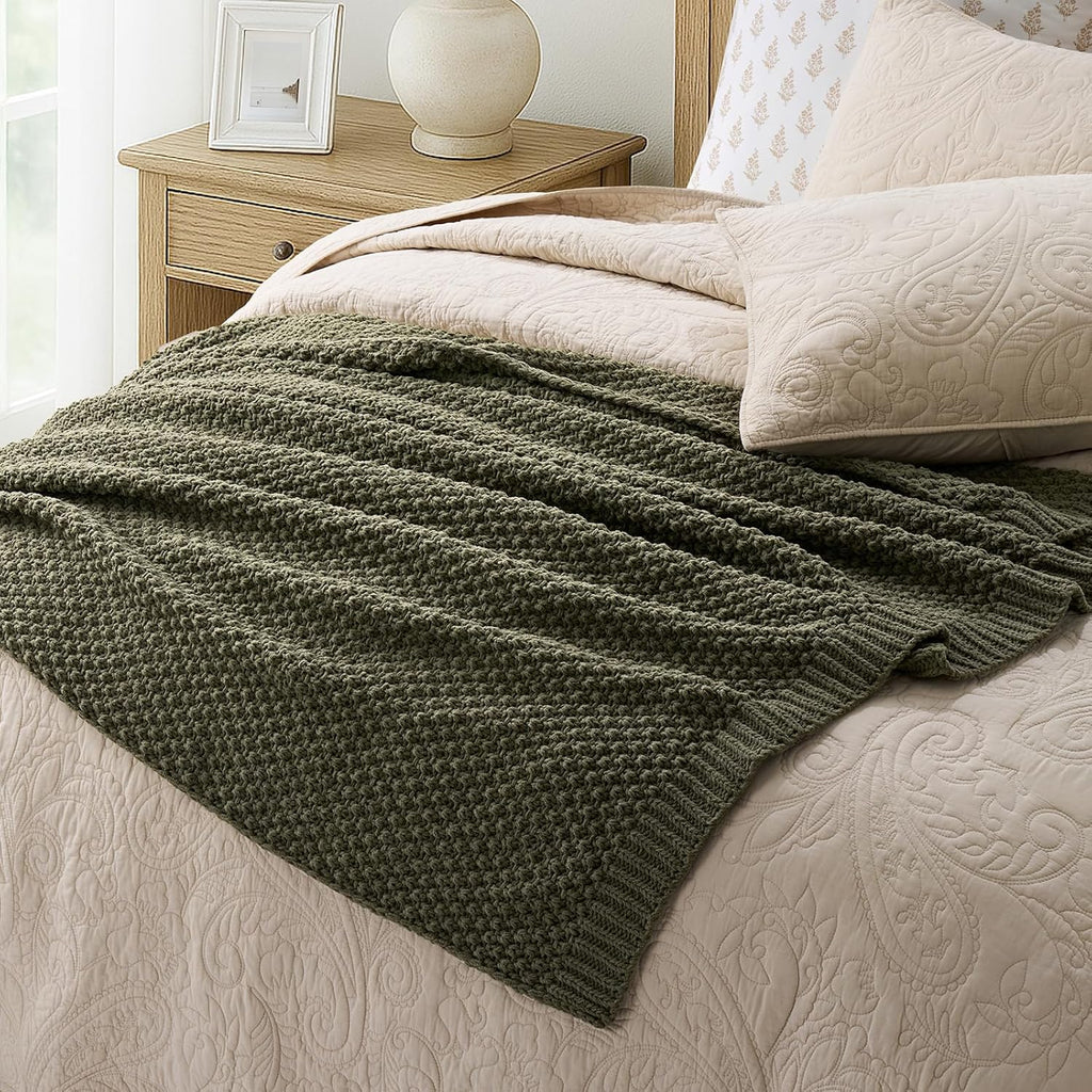 Chunky Chenille Knit Throw Blanket, Soft Luxurious Moss Stitch Chair Blankets, Cozy Decorative Farmhouse Knitted