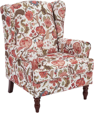 Mid Century Floral Wingback Accent Chair Floral Red | High Back/Retro Wooden Legs/ Breathable Linen Fabric
