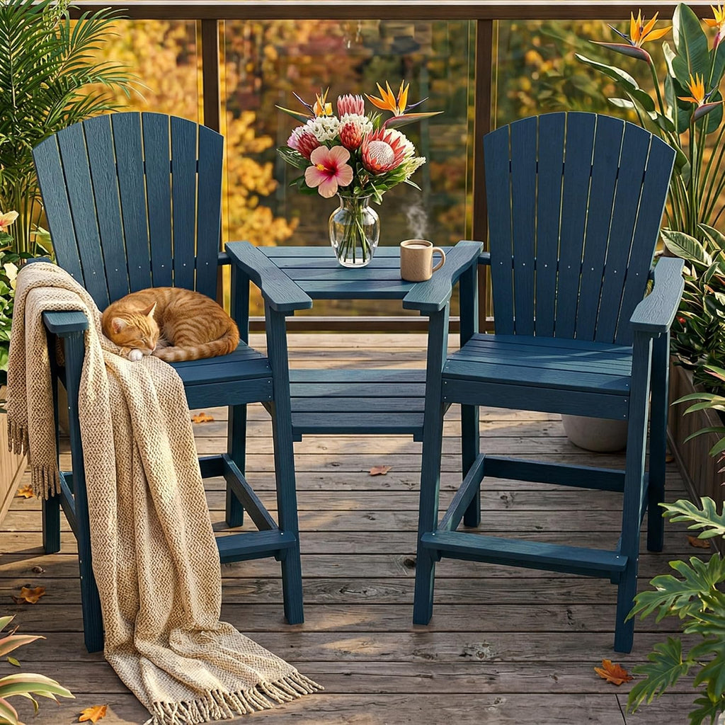 Tall Adirondack Chairs Set of 2 with Double Connecting Trays, Navy | HDPE Bar Height Outdoor Chairs with Umbrella
