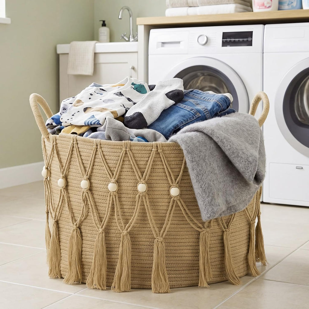 Boho Blanket Basket Laundry, 20 x 13",Beige | Woven Design, Large Decorative Basket with Bead Tassels Handles, for