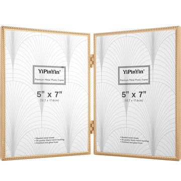 5x7 Double Hinged Picture Frame, Metal Beaded Design, Gold
