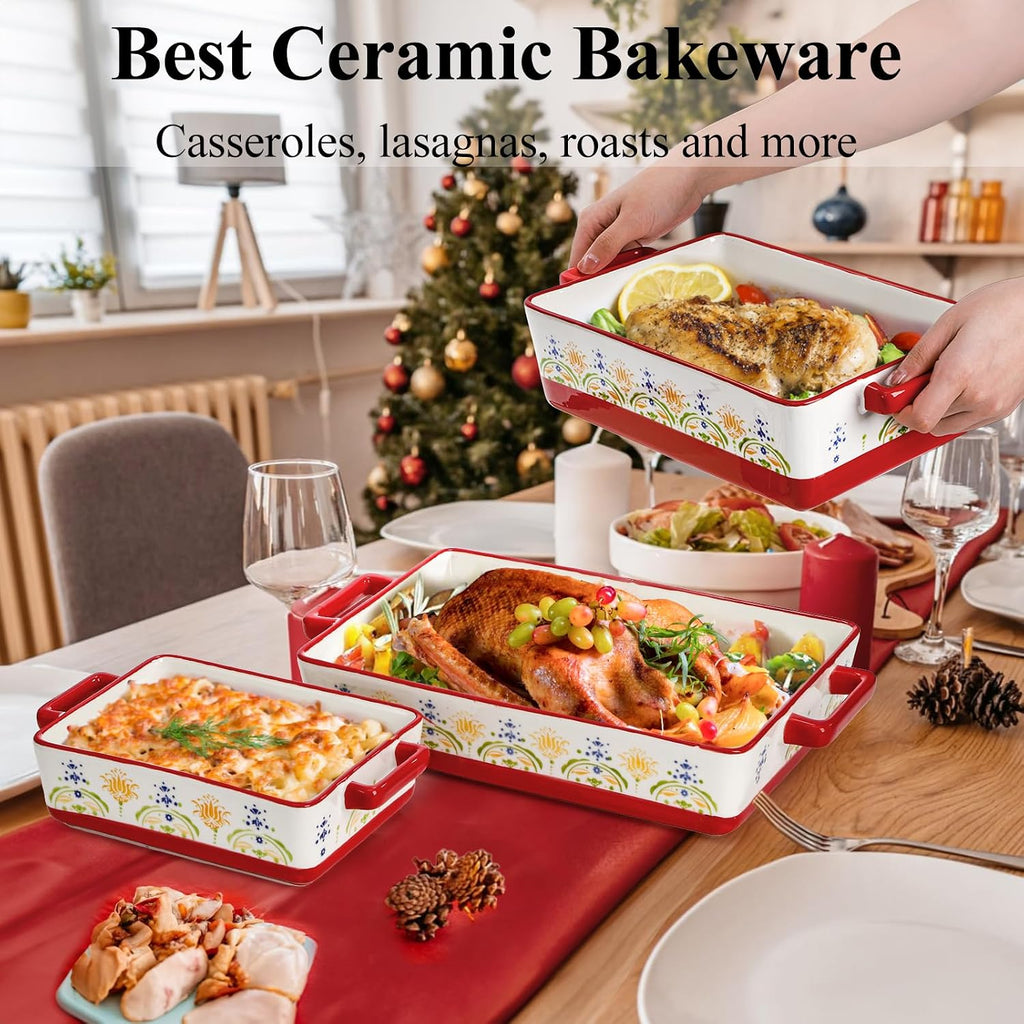 Set of 3 Ceramic Dishes, Rectangular Casserole Dish for Oven, Ceramic Bakeware Lasagna Pan Deep with Handles for