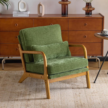 Mid Century Modern Accent Chair with Lumbar Pillow & Oak Arms - Plush Chenille Living Room Chair , Lounge (Olive