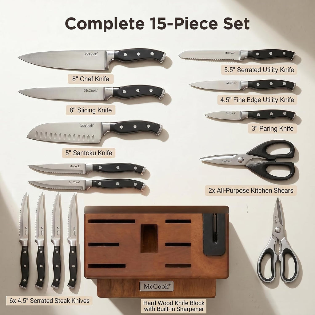 Kitchen Knife Set 15PC Knife Block Set w Built-in Sharpener | German Forged Stainless Steel,Razor