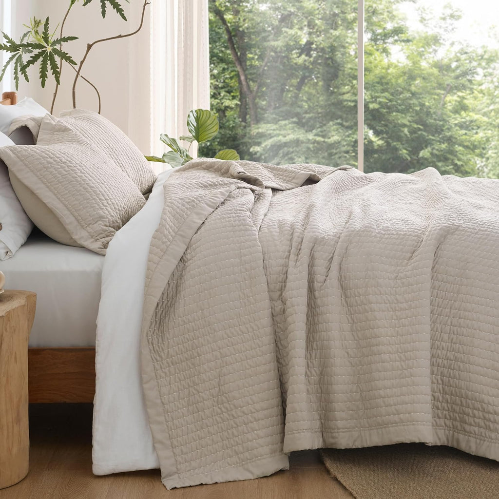 Quilts - Quilt Bedding Set Bedspread Coverlet Comforter, Lightweight Neutral Striped Bedding, 3-Piece Set