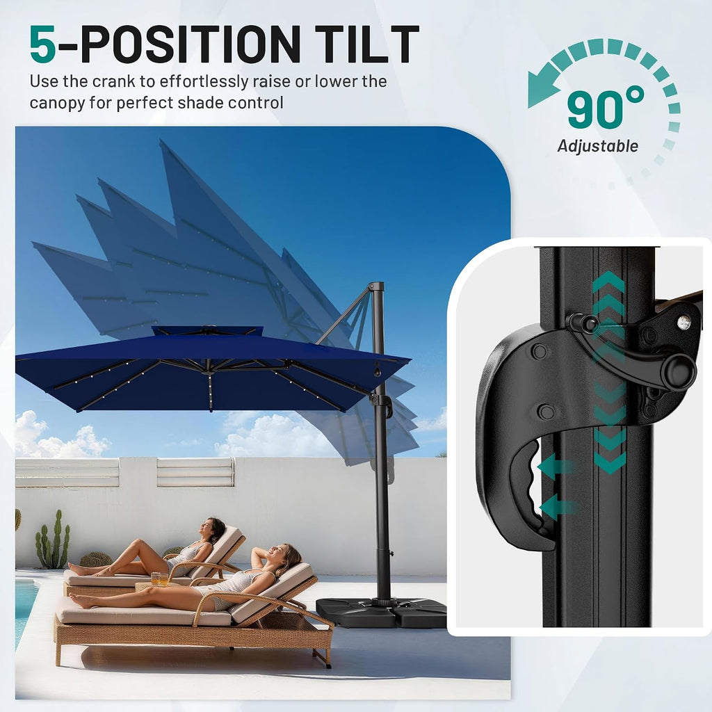 11×11FT Solar LED Cantilever Umbrella, Double-Top Outdoor Patio Offset with 360 Degree Rotation