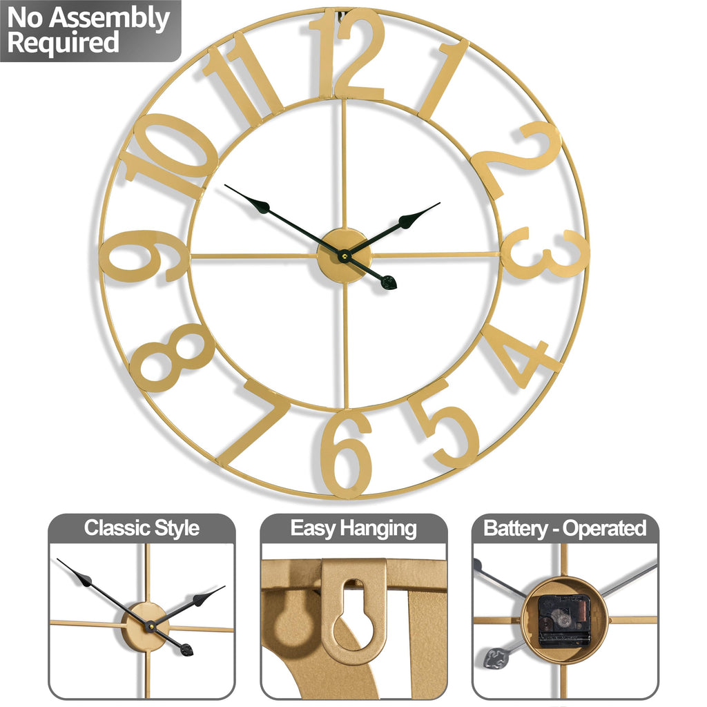 Large Wall Clock, Metal Frame, Battery Powered (32 Inch, Gold)