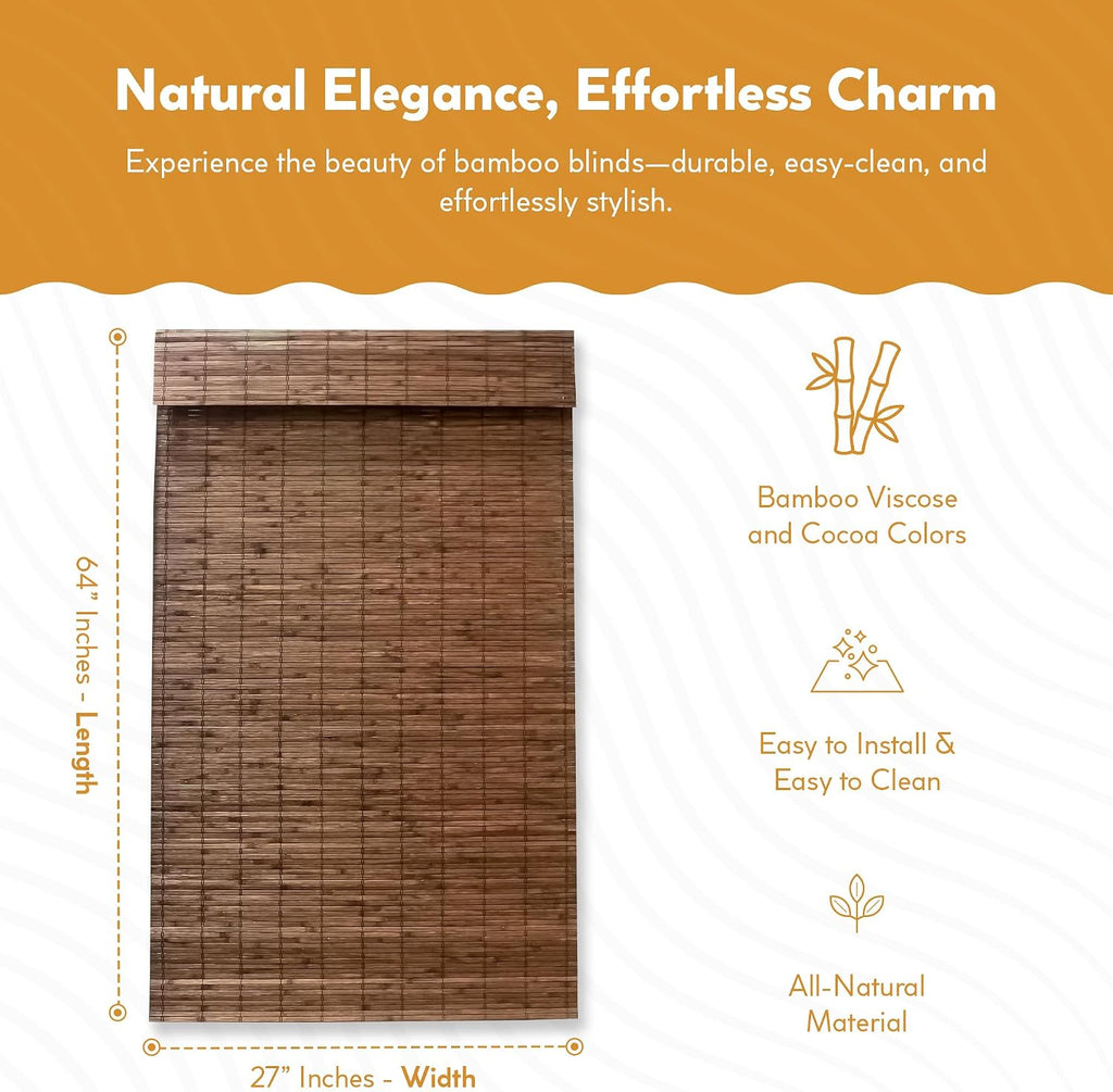 Cordless Bamboo Roman Shades for Windows - Flatstick Bamboo Blinds for Semi-Private Light Control - Easy to Lift & Fold Up Window Shades - Cocoa - - (2216300E)