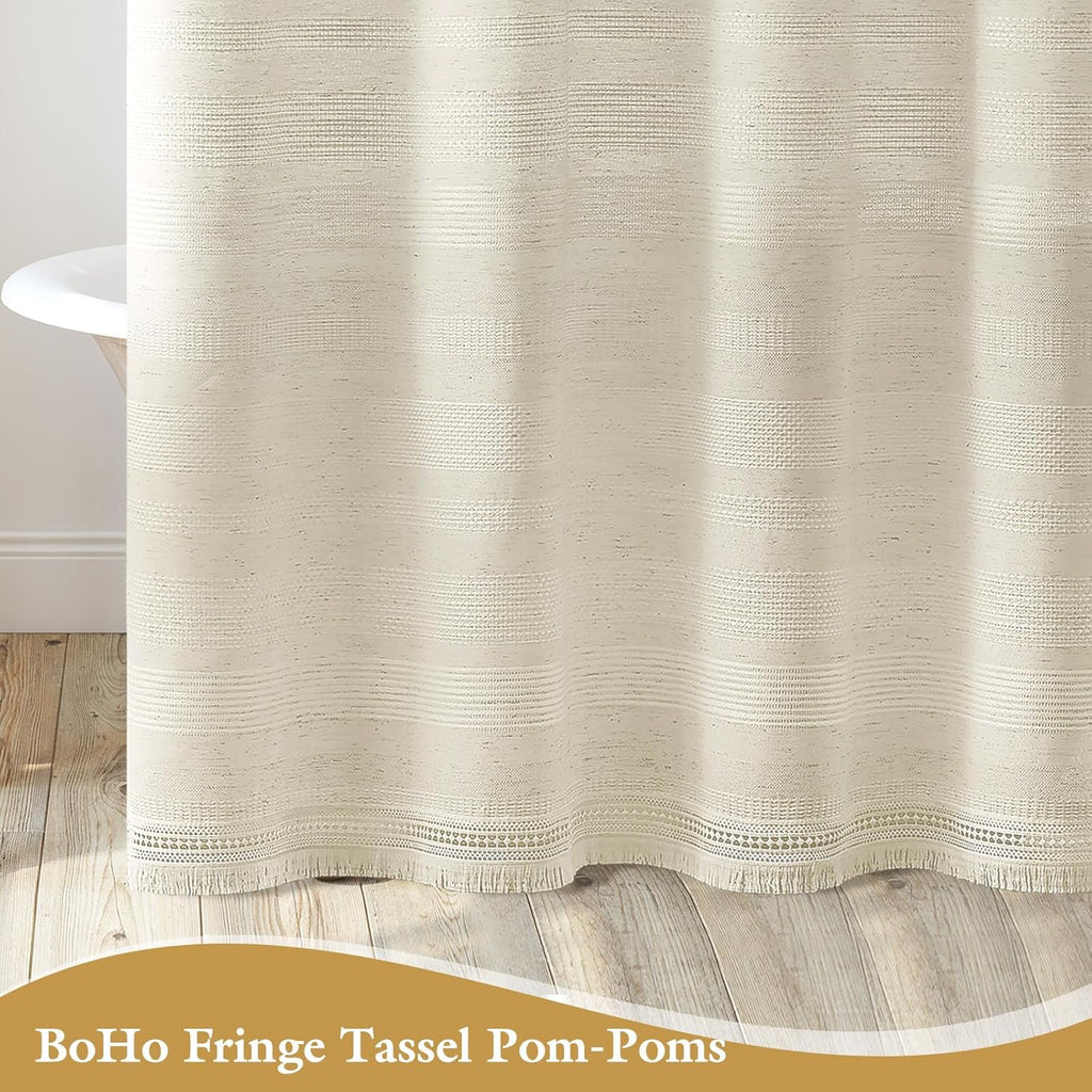 Boho Farmhouse Shower Curtain Set with Tassel, Linen Bohemian French Country Chic Bathroom Shower Curtain Set, Modern